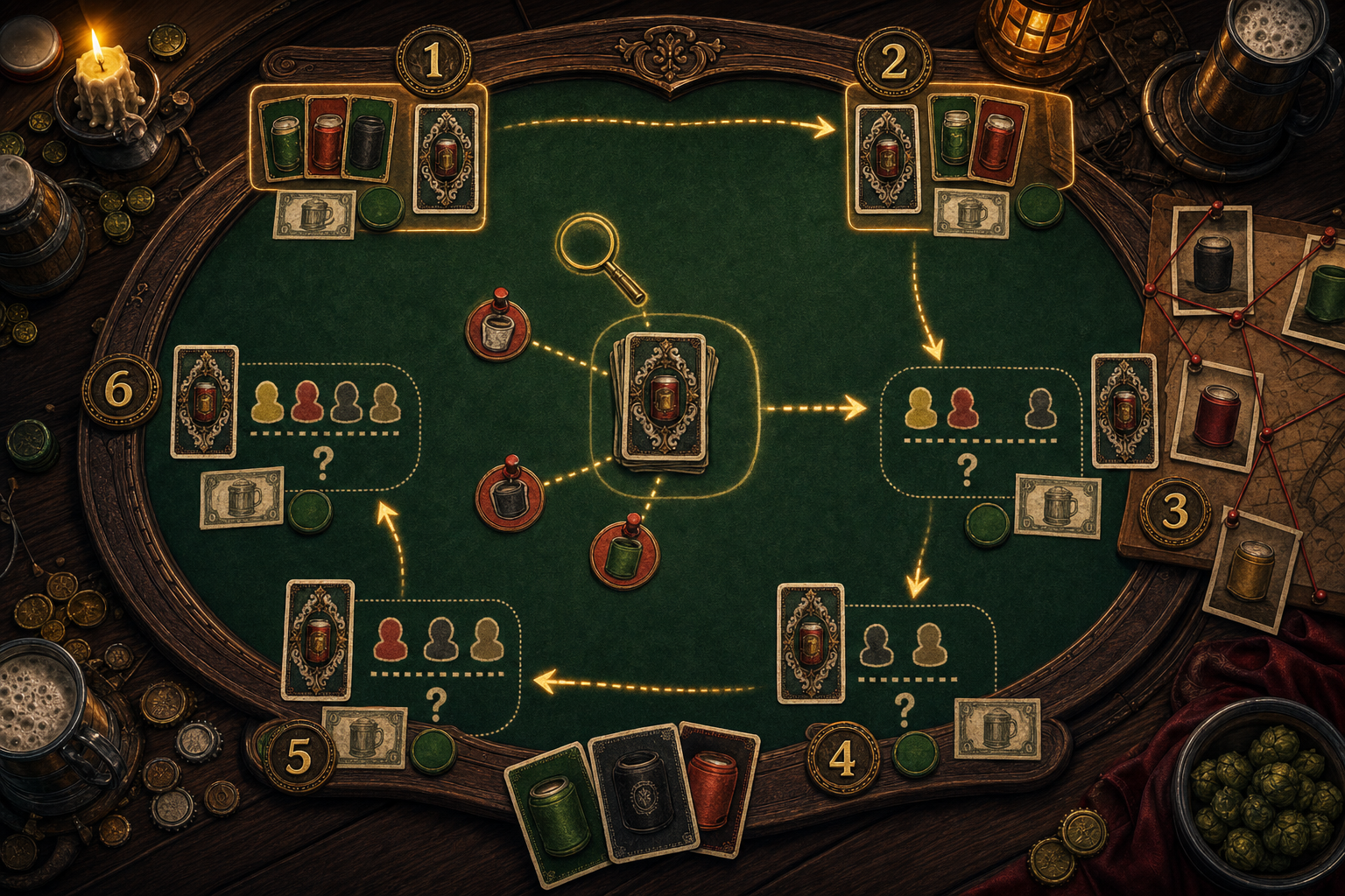 Strategy artwork showing the pass order and hidden information at the card table
